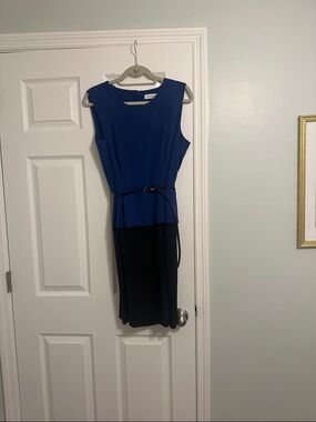 Calvin Klein Royal Blue & Black Sleeveless Colorblock Midi Dress with Belt